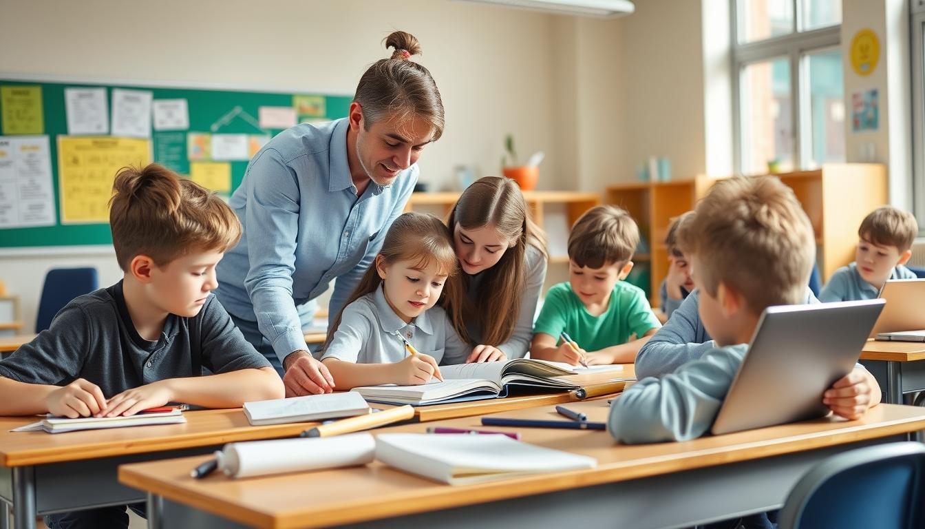 Students studying together in modern classroom
